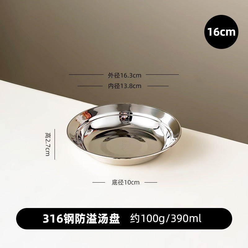 Factory direct wholesale food-grade tableware: 316 stainless steel flat-bottom round dishes, steaming trays, deep soup bowls, and fruit bowls for home use