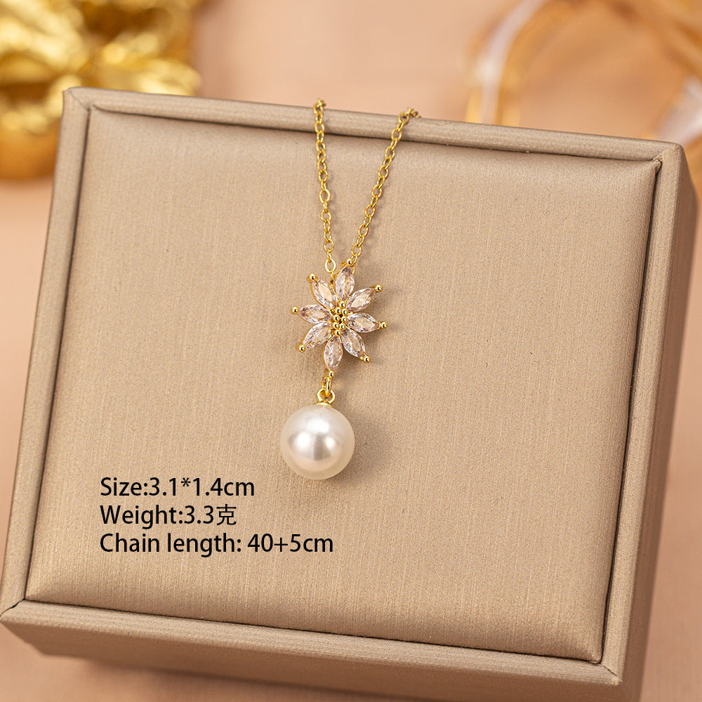 European and american hot-selling fashion zircon pearl necklace for women, lightweight luxury, niche, versatile, elegant, fashionable titanium steel clavicle chain jewelry
