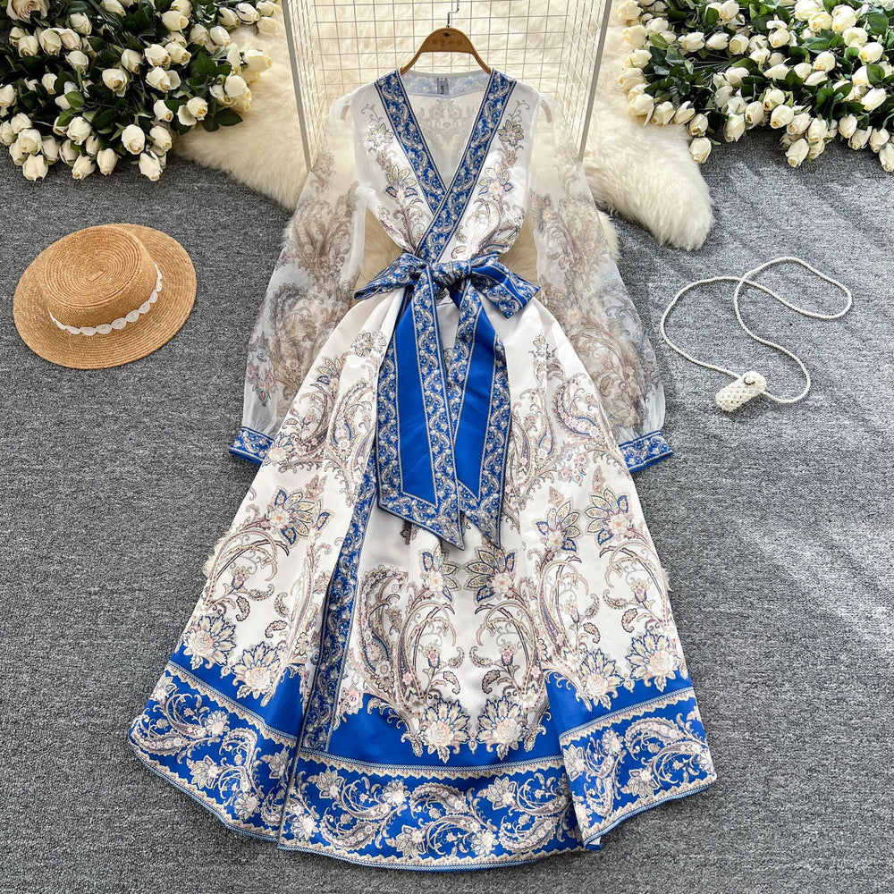 Palace retro design cross v neck mesh lantern sleeves strappy waist printing large swing puffy fashiondress