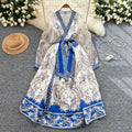 Palace retro design cross v neck mesh lantern sleeves strappy waist printing large swing puffy fashiondress