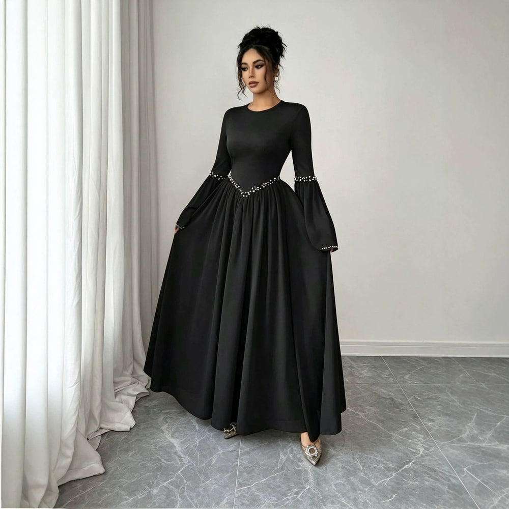 cross-border fashion women's french elegant solid color round neck slimming flared sleeve long sleeve dress