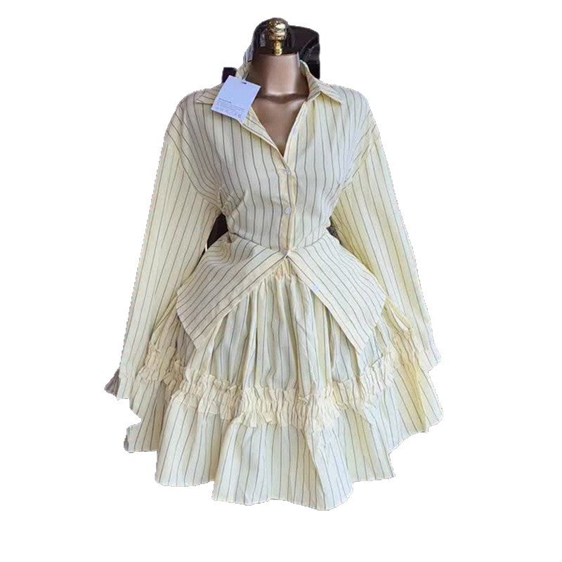 European and american women's clothing  autumn new collection: sweet and fresh striped turn-down collar long-sleeve shirt and panelled midi skirt two-piece set