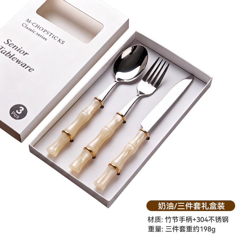 Bamboo handle stainless steel fork spoon tableware suit creative acrylic bamboo handle western food knife fork spoon dessert spoon