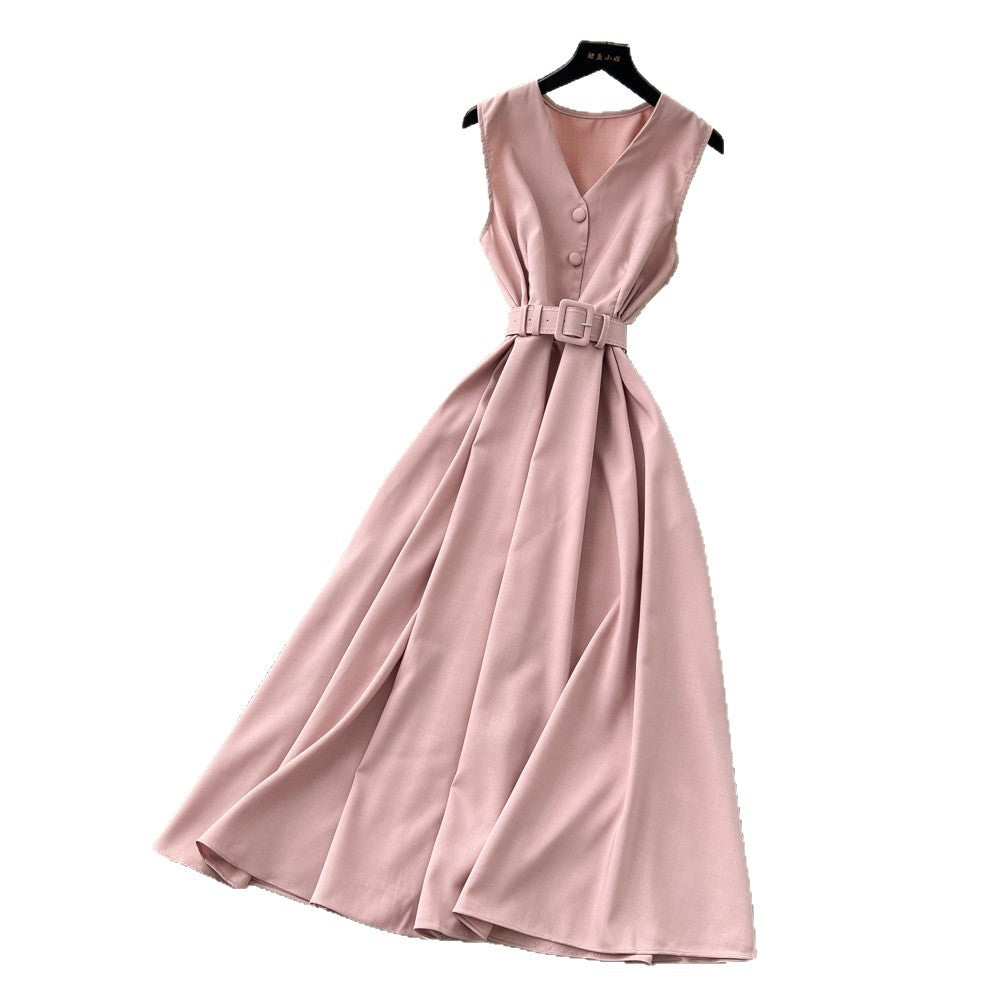 Qianjin wind sleeveless waist pure desire dress women's summer single breasted high waist a-line skirt work clothingelegantclassy
