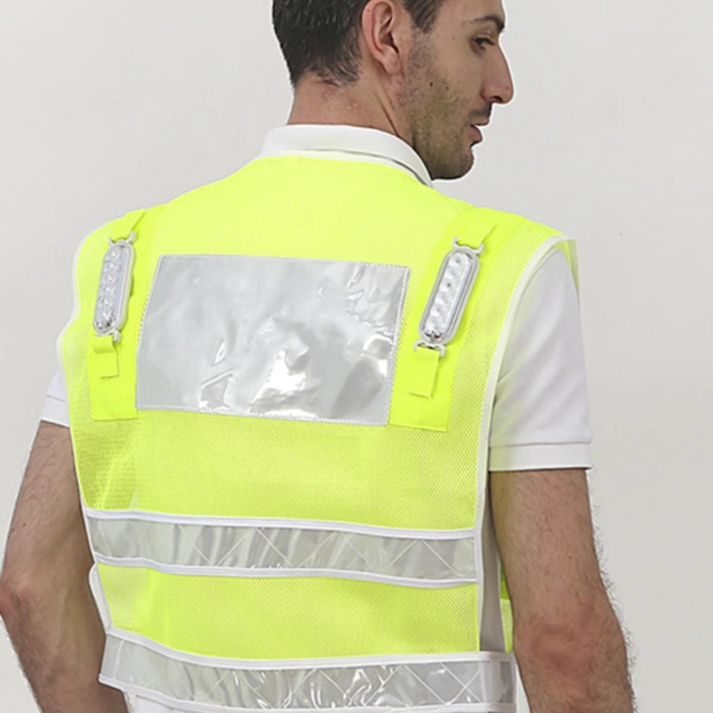 Breathable red and blue flash vest highway patrol construction vest printing LED rechargeable reflective vest with flash light