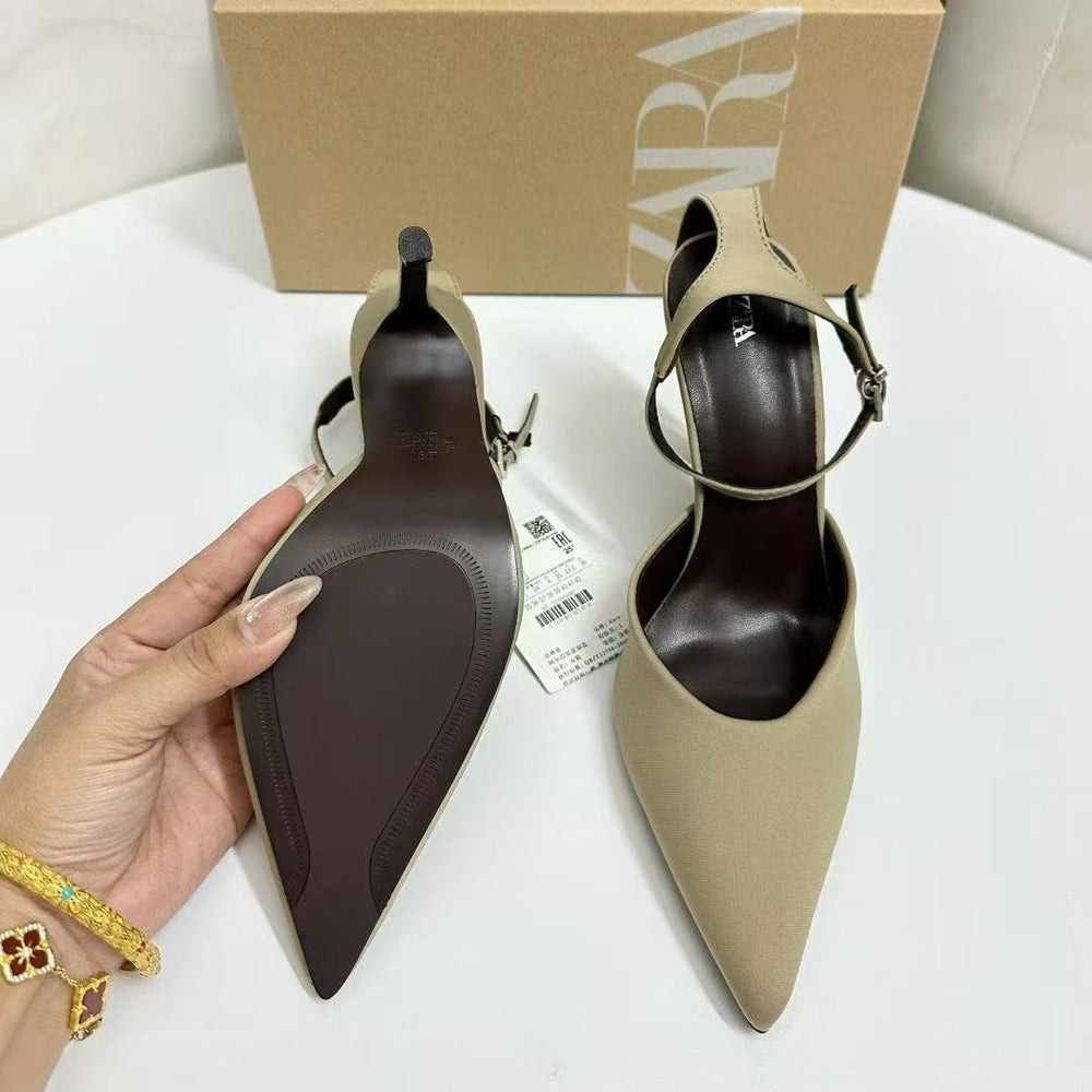 Za25 baotou sandals women's pointed toe shoes springnew arrival women's shoes thin heels black high heels elegant muleflats