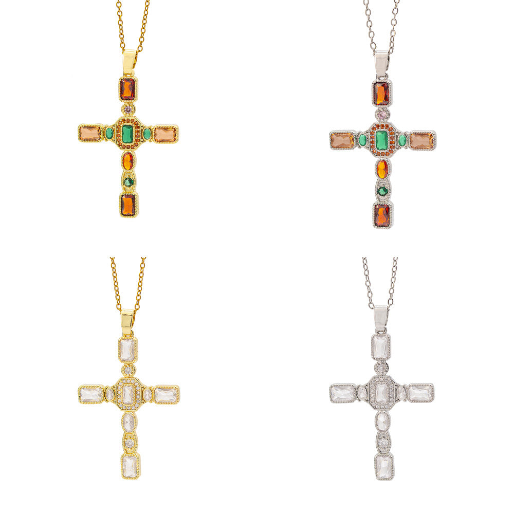 【titanium steel】cross-border fashionable colorful zircon cross necklace for women - high-end, light luxury sweater chain jewelry