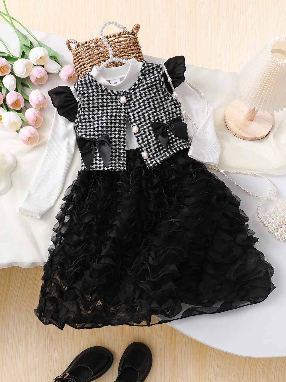 Girls' two-piece set: 3d ruffle sleeve dress + plaid cardigan