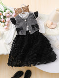 Girls' two-piece set: 3d ruffle sleeve dress + plaid cardigan