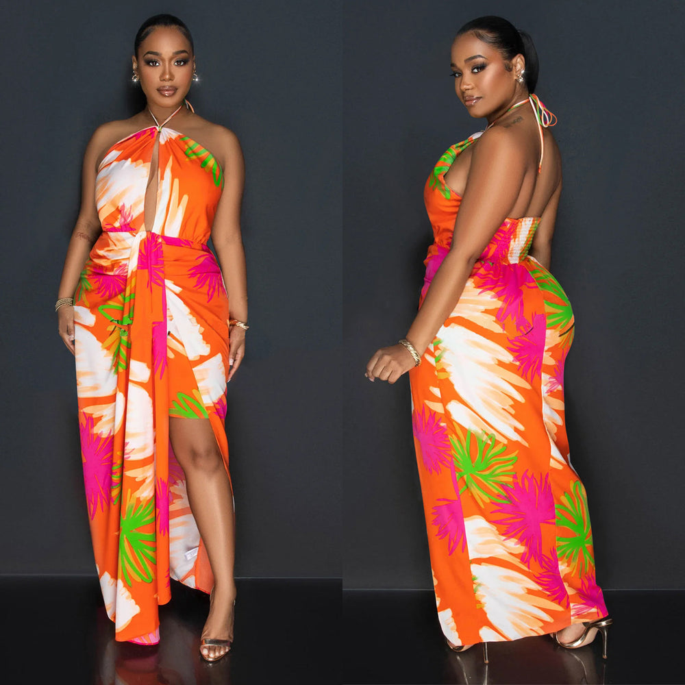 C6921 cross-border   independent station fashionfashion women's backless tie back printing dress length