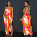 C6921 cross-border   independent station fashionfashion women's backless tie back printing dress length