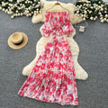 French style women's autumn outfit set: chic off-the-shoulder lantern sleeve floral top with high-waisted pleated midi skirt