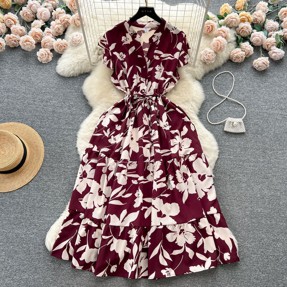 French sweet and gentle style v-neck floral chiffon dress - women's summer cinched waist, slimming, vacation-ready, fairy dress