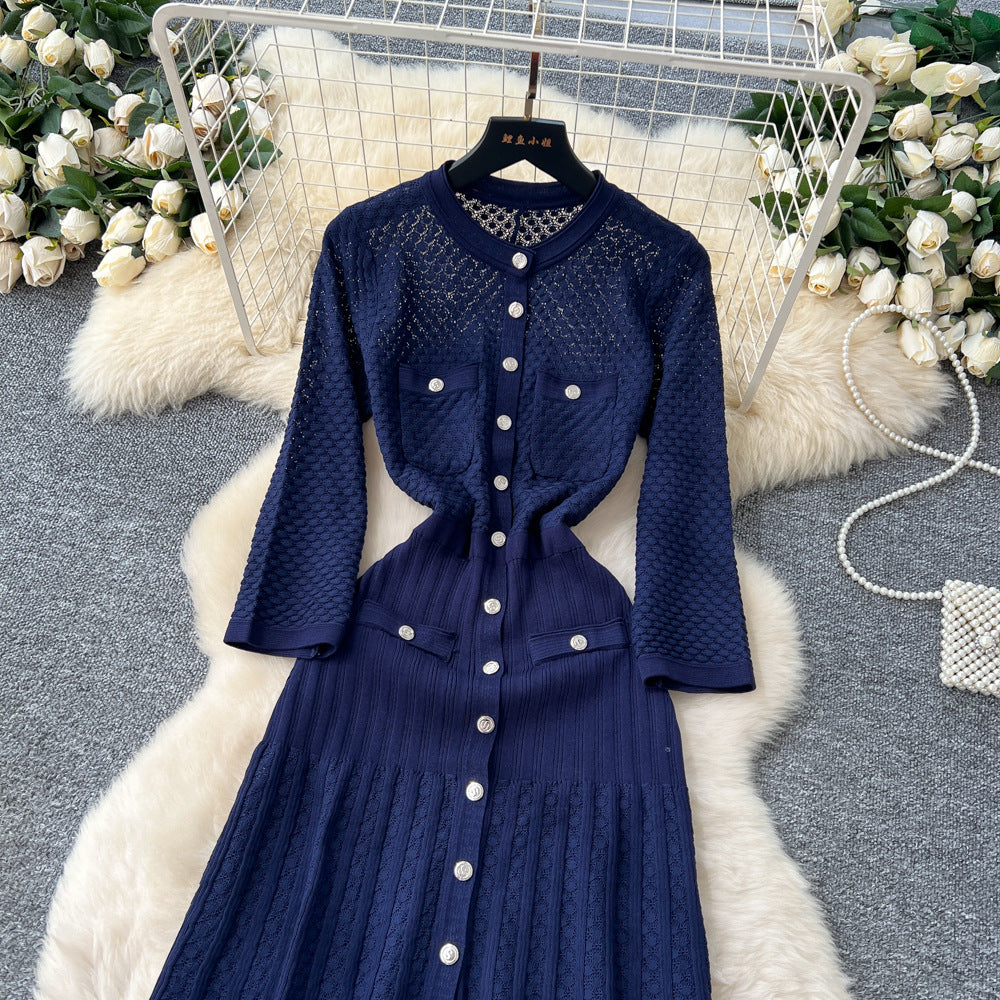 French gentle style niche heavy industry cut out crochet knittingdress women's autum metal button waist slit long skirt