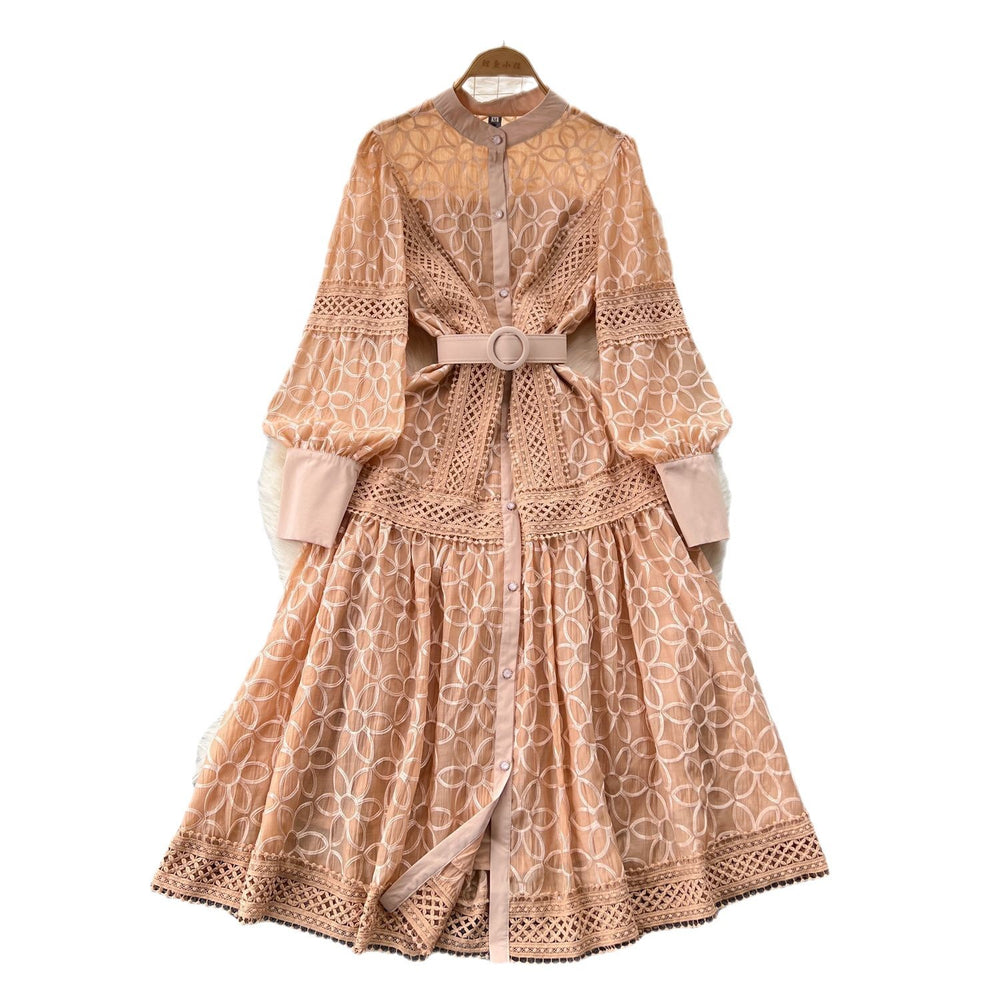 Palace style dress for women spring new frencheleganceembroider lantern sleeves waist single breasted large hem long skirt