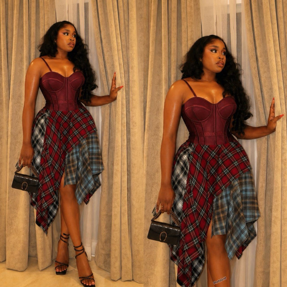 European and american cross-border women's fashion:  summer new sexy bandeau fishbone camisole top and plaid midi skirt set