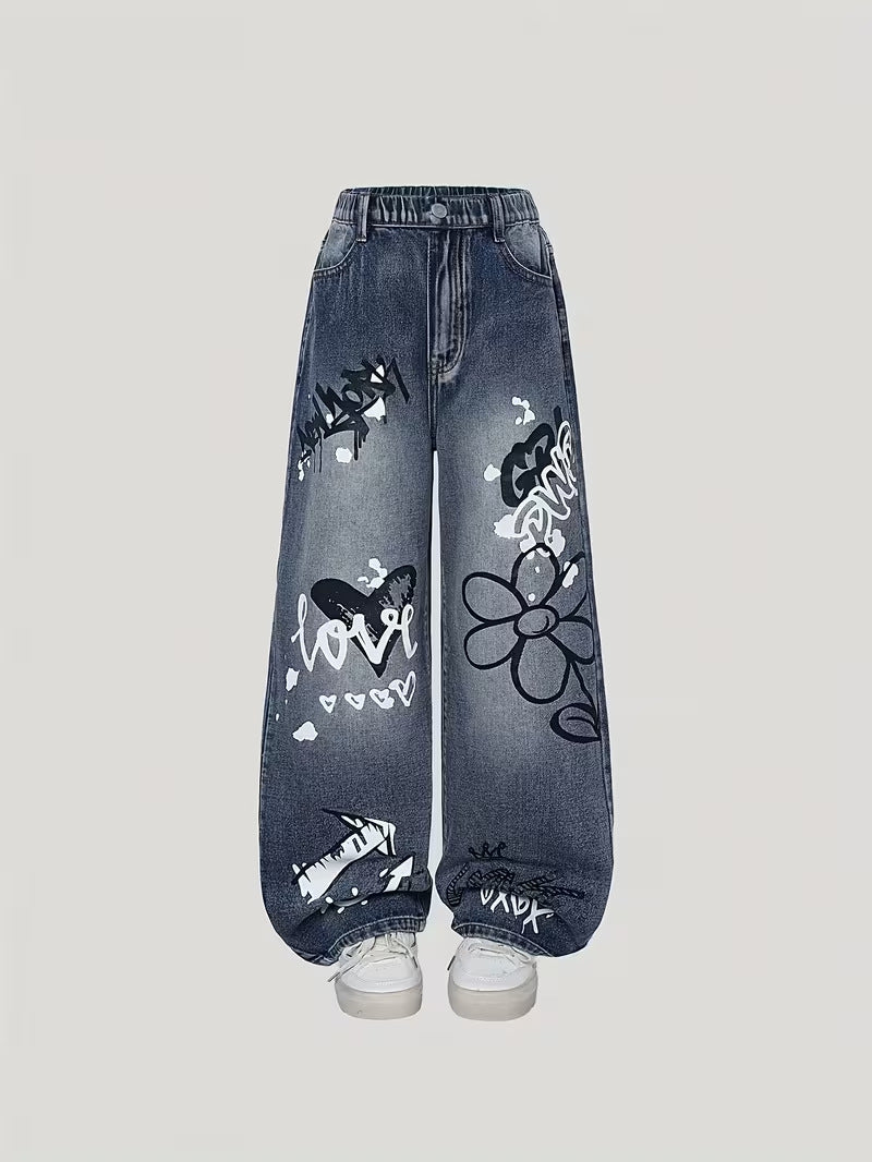 girls' denim jeans: new loose-fit casual straight-leg pants