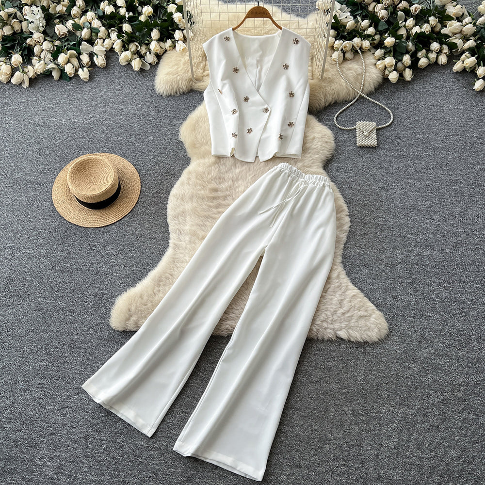 Lightly mature elegance style work clothingtwo-piece set female summerelegant beaded sleeveless vest loose pantsslimming lookfashionsuit