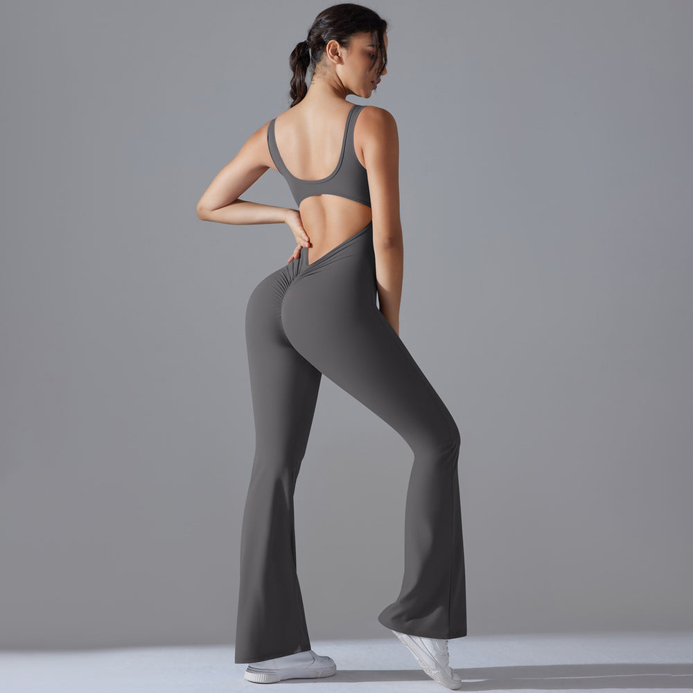New arrival cross-border pure color beautiful back hip lifting longsilm wide leg jumpsuit sports running fitness jumpsuit yoga wear