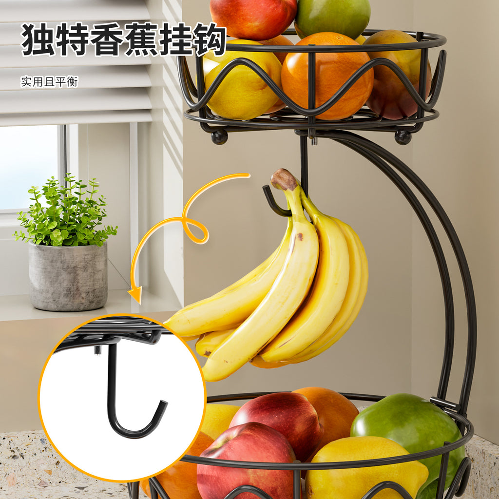 wrought iron fruit basket wooden bottom snack storage fruit plate banana hook round removable fruit and vegetable storage basket