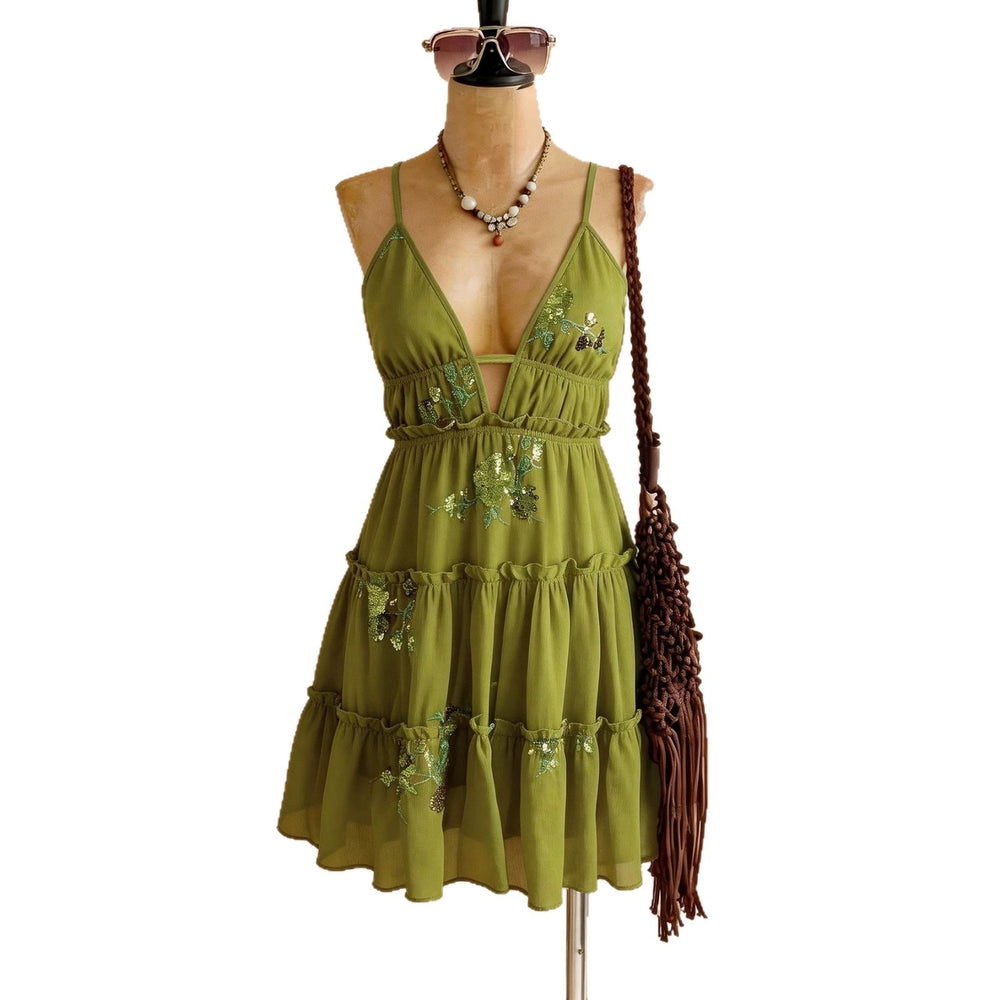 Amazon fashion cross-border women's avocado green sequin embroidered deep v cake skirt back cross vacation skirt