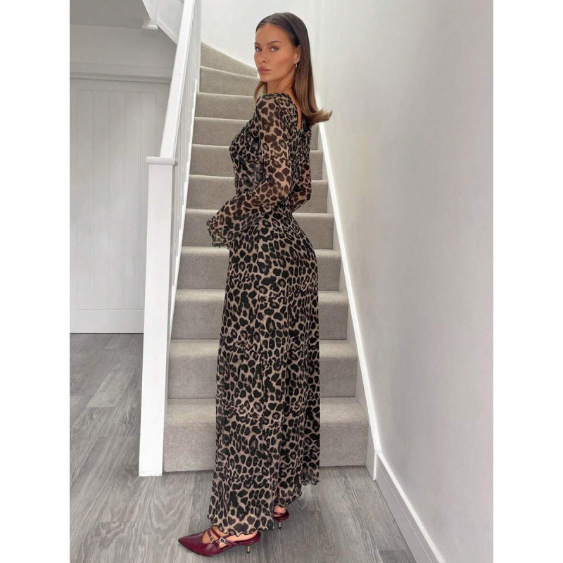 fashionautumnew arrival leopard print elegance asymmetrical off-shoulder fashioncasuallong sleevessdress for women