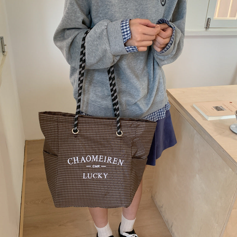 Korean style minimalist canvas tote bag for women, 2025 new arrival, super popular large capacity tote, plaid striped versatile shoulder bag