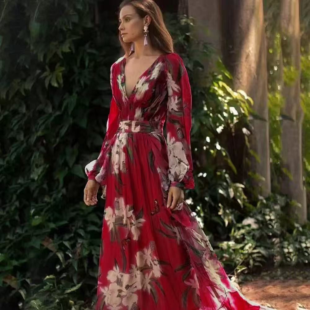 summer new arrival: women's printed dress for cross-border e-commerce, -ready v-neck long sleeve maxi dress