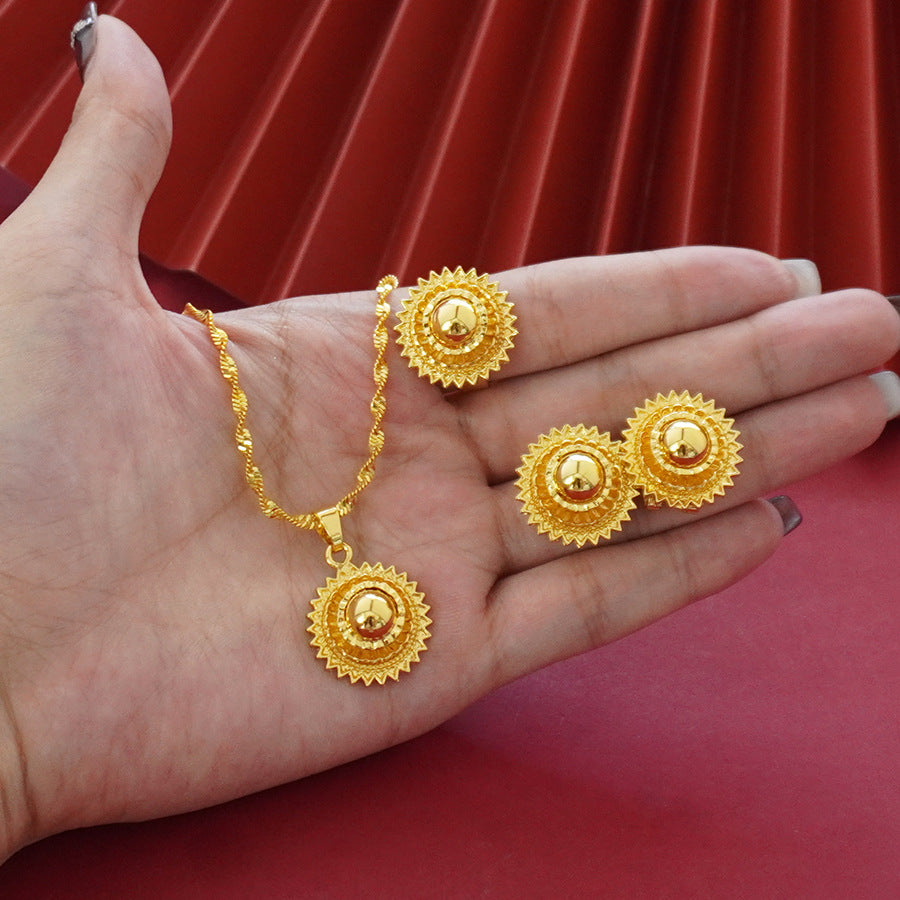 Wholesale cross-border middle eastern floral design gold-plated necklace, pendant, earrings, and ring three-piece jewelry set