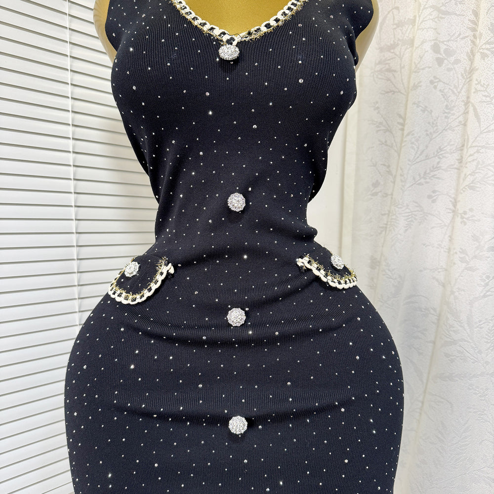 export tweed style sleeveless fine glitter knittingdress women's hot diamond button waist slimming lookknitting short skirt