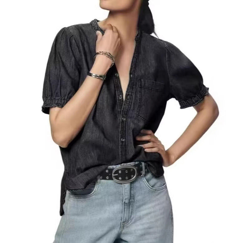 new european and american style versatile princess sleeve lightweight denim shirt casual top for women - perfect for cross-border e-commerce on  and