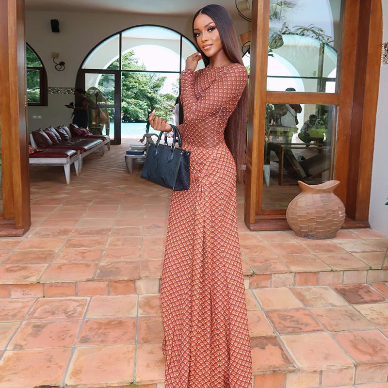 European and american style ins cross-border chic women's pleated tie-strap printed a-line dress - round neck, long sleeve, casual vacation dress