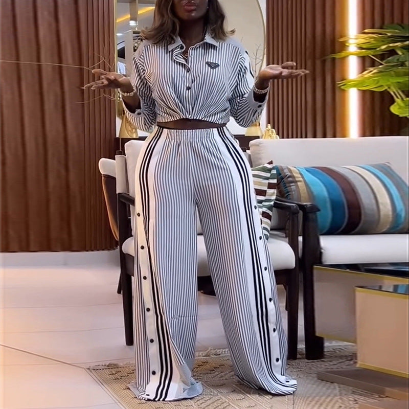 European and american cross-border women's fashion:  autumn new collection - stylish striped cropped long-sleeve shirt and wide-leg pants casual set