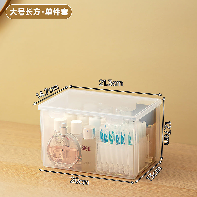 Long makeup brush, mask storage box, transparent rectangular box with lid, covered dresser, skin care product storage box.