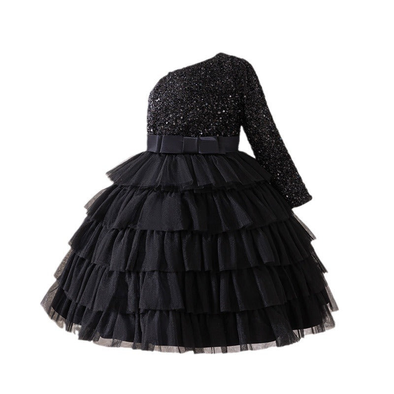 Export cross-border dress girl's oblique shoulder suspender cake skirt sequin strap bowskids princess skirt tutu skirt