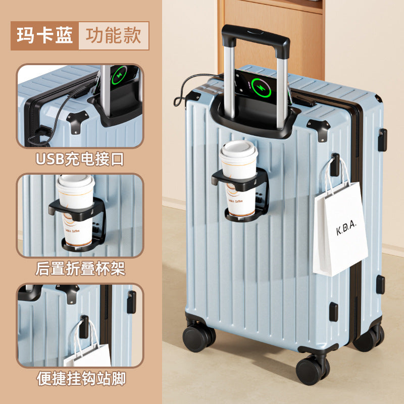 Luggage 24-inch multi-functional suitcase with cup holder, strong and durable trolley case 20-inch password box, large capacity