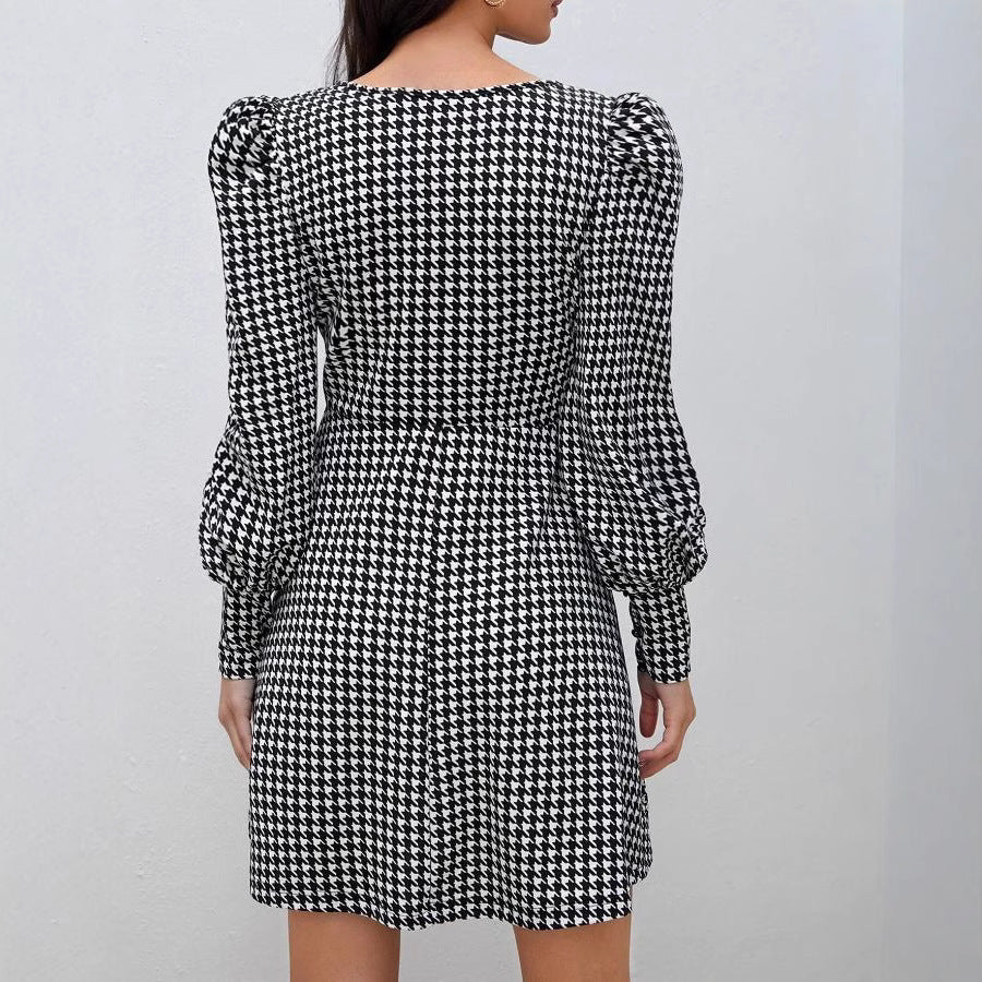 European and american cross-border   fall/winter new arrival: houndstooth chic elegant slim-fit puff sleeve women's dress