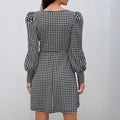 European and american cross-border   fall/winter new arrival: houndstooth chic elegant slim-fit puff sleeve women's dress