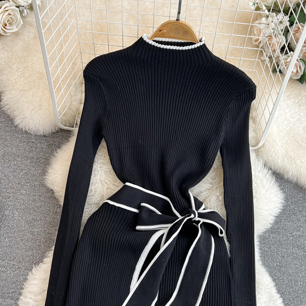 Fall and winter korean chiccontrast colorlong sleeves stand collar waist slimming look medium longtie back hip-covering bottom knittingdress