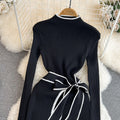 Fall and winter korean chiccontrast colorlong sleeves stand collar waist slimming look medium longtie back hip-covering bottom knittingdress