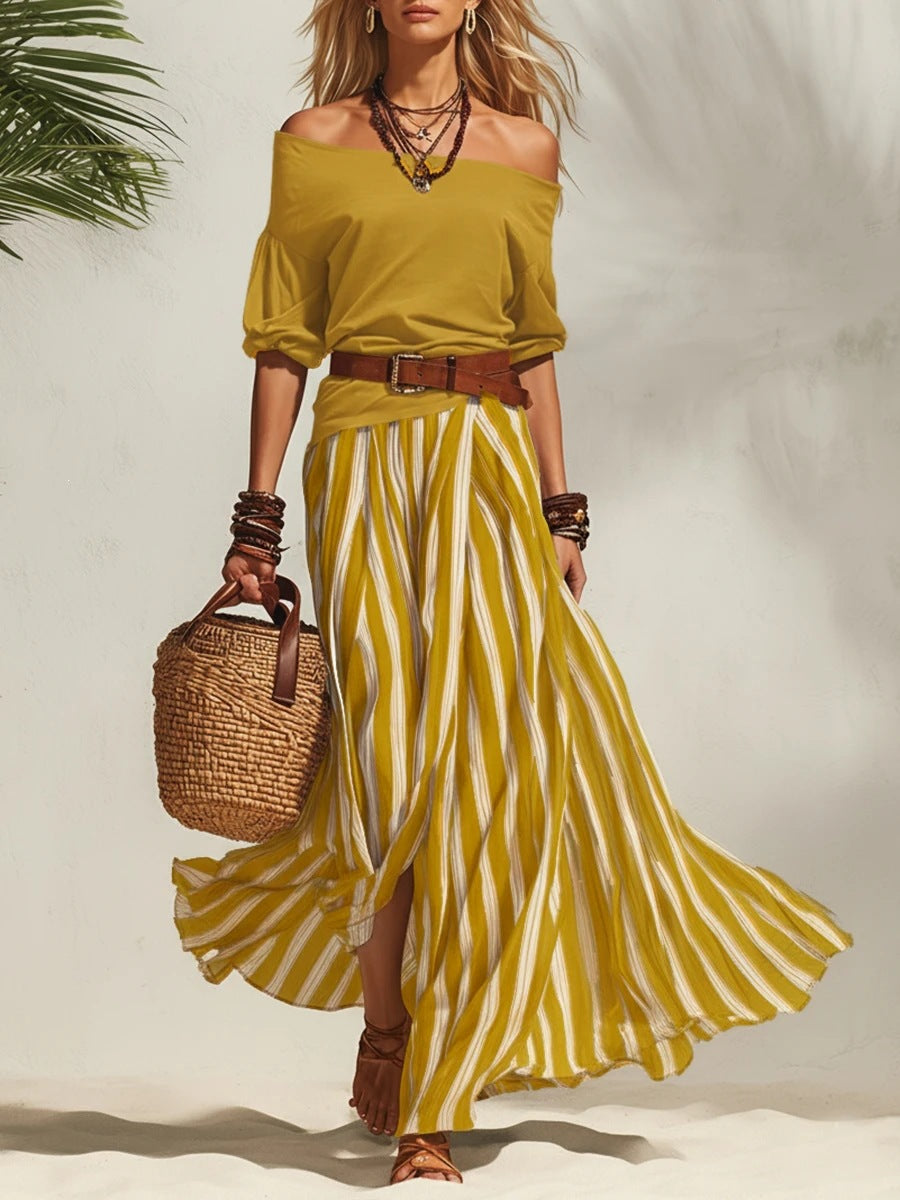 spring/summer new european and american cross-border nautical resort style off-shoulder top and slit skirt women's set