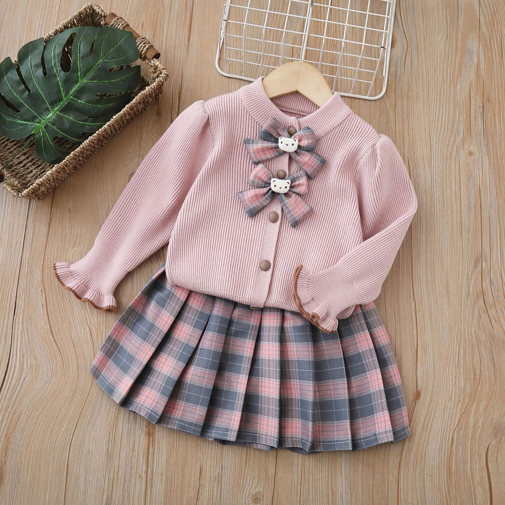 Girls' sweater cardigan set -  autumn new collection, preppy style, trendy two-piece outfit for girls, baby girl cardigan set