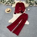 Xiaoxiangfengclassy heavy industry metal buttons v necklong sleevesknittingtops women's high waistloosestraight-leg pantssuit