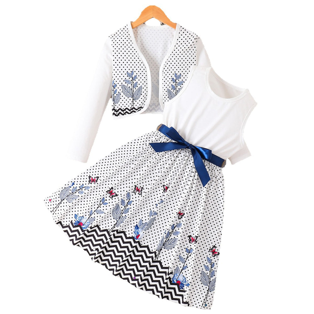 Girls' autumn dress set: white tank dress with long sleeves and cute polka dot print - two-piece outfit for export