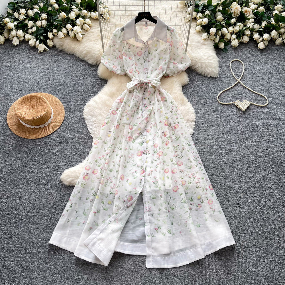French chic floral dress with notched collar - summer korean style, tie-waist, short sleeve a-line dress - elegant and refined