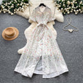 French chic floral dress with notched collar - summer korean style, tie-waist, short sleeve a-line dress - elegant and refined