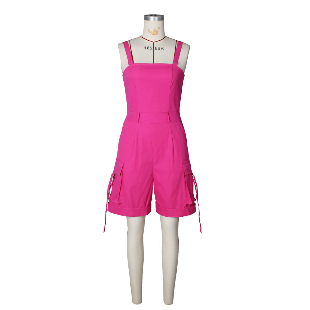 Source factory fashion suspender workwear one-piece shorts for women high waist waist rolled wide-leg half length jumpsuit