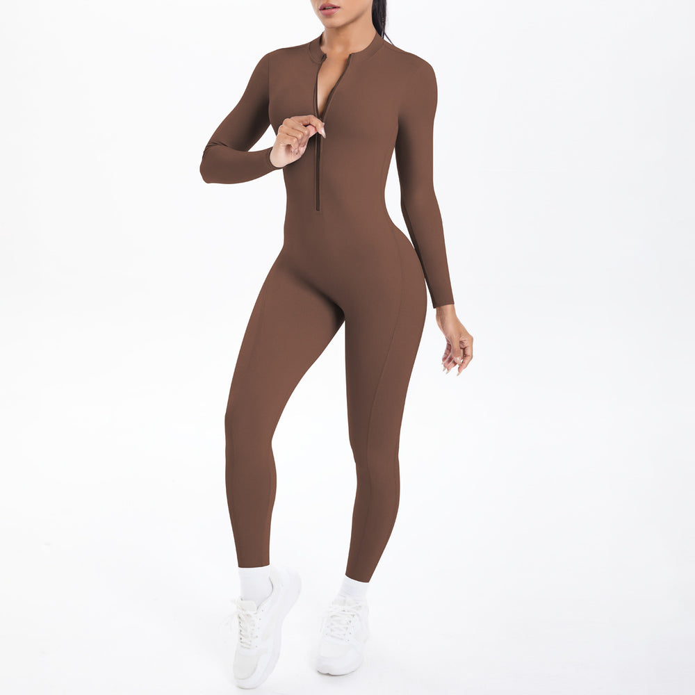 New arrival cross-border double-sided brocade pure color beautiful back cut outlong sleeves jumpsuit sports running fitness yoga wear jumpsuit