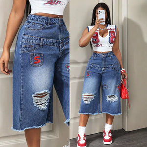 Fashion jeans women's ripped raw edge cropped wide-leg pants embroider patch pocket distressed washed high waistloose beggar