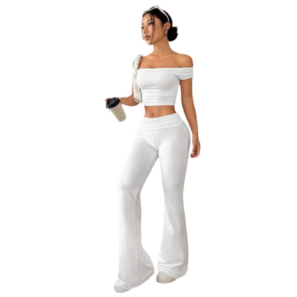 european and american  cross-border solid color one-shoulder ruched t-shirt and flare pants two-piece set for women